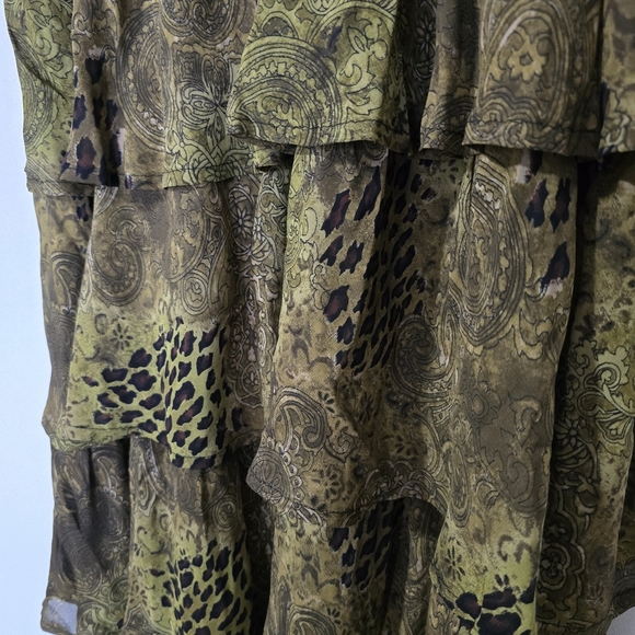 Vintage 90s Elegant Tiered Skirt in Olive Green Leopard Print Paisley Floral - Picture 6 of 8